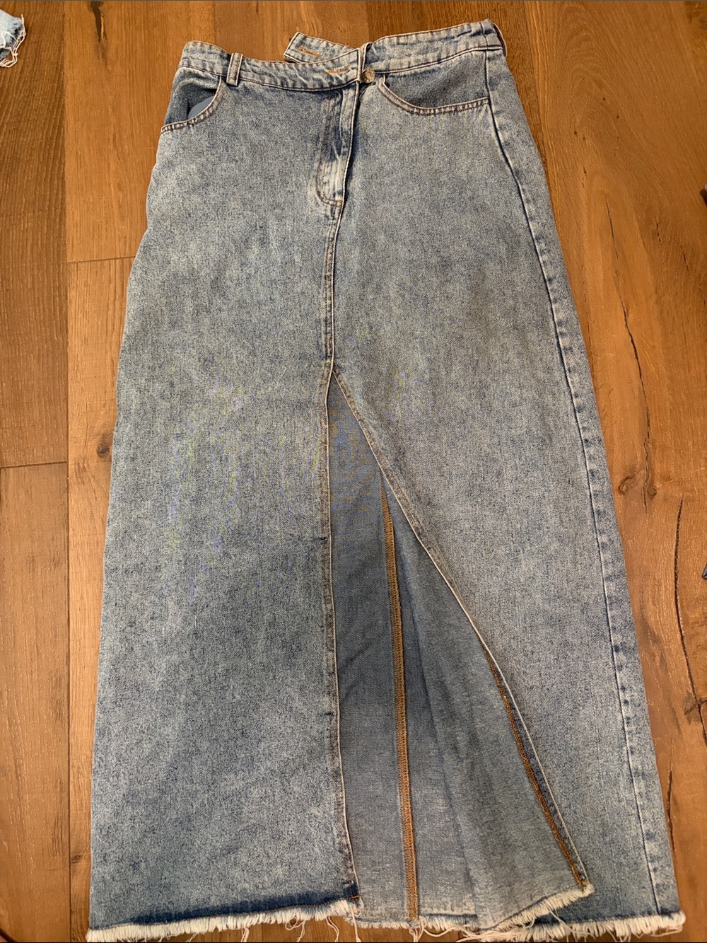 Washed Light Blue Denim Maxi Skirt with Front Slit